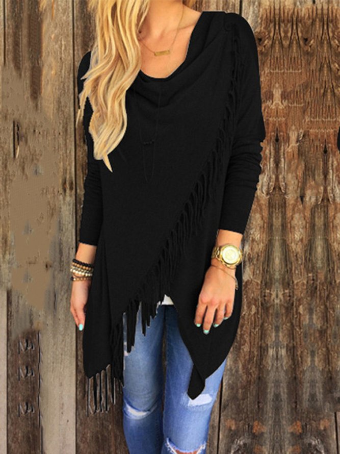 Knitted Long Sleeve Asymmetrical Fringed Solid Plus Size Sweater